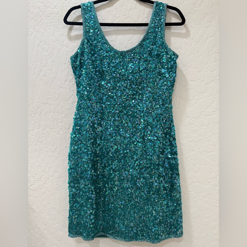 Laurence Kazar Turquoise Sequin and Silk Mini Dress, Size Small